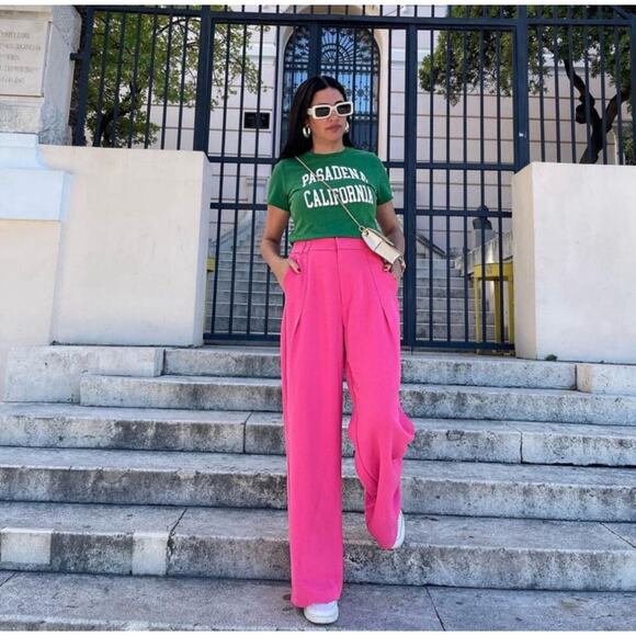 Zara Women’s Blogger Favorite High Waist Pink Wide Leg Trousers Size Small - Picture 3 of 8